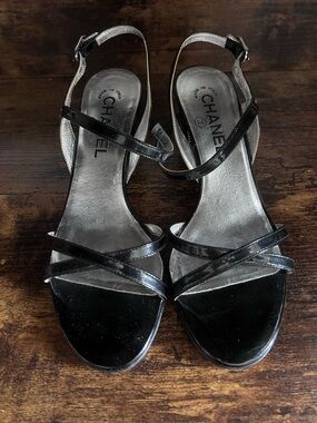 CHANEL Black Patent Leather Strappy Heels